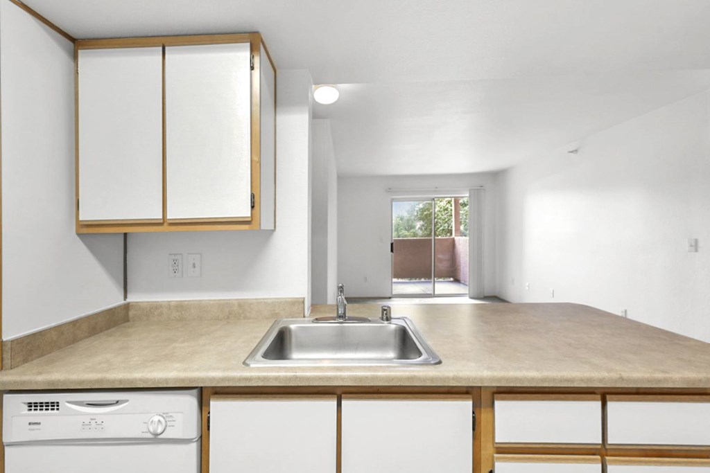 A kitchen with a sink, dishwasher and cabinets.
