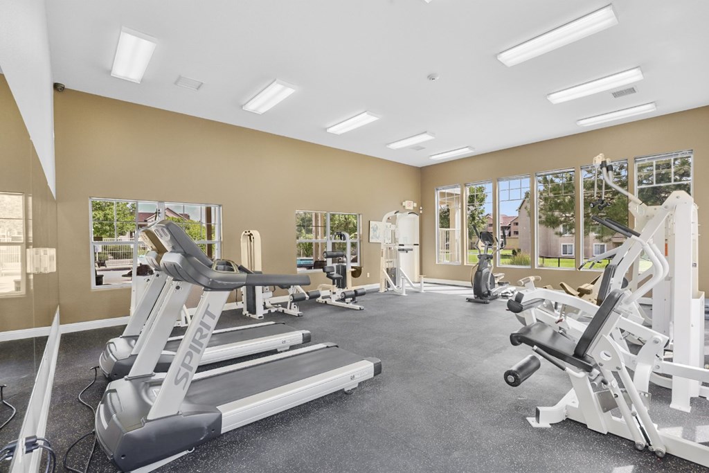 A gym with treadmills and exercise equipment.