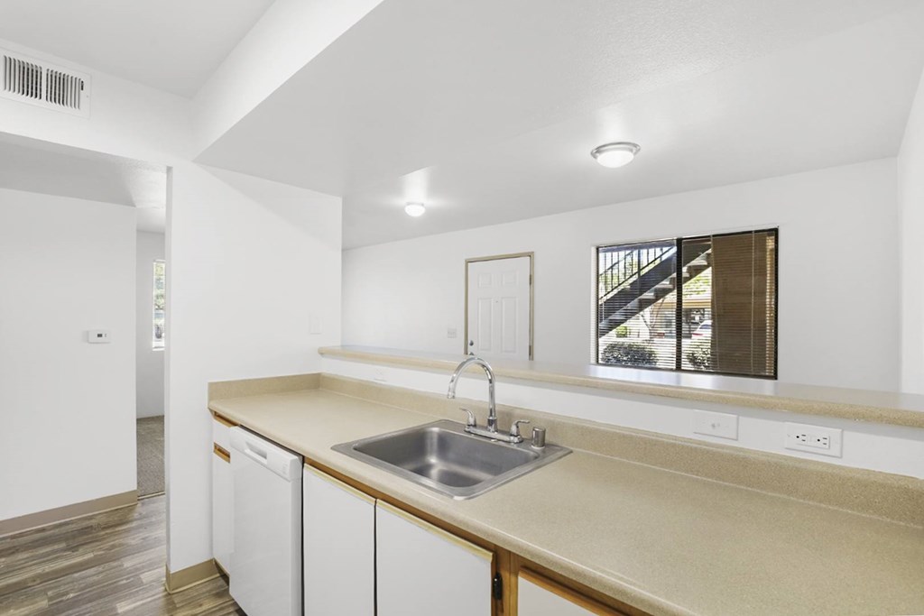 A kitchen with a sink and a window.
