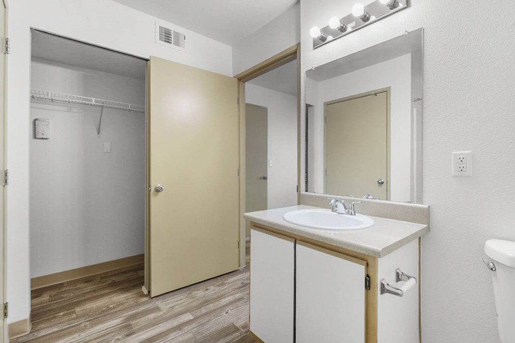 A bathroom with a sink, mirror, and toilet.