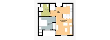 A floor plan of a small apartment with a bathroom, bedroom, and kitchen/living room.