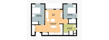 A floor plan of a house with four labeled rooms.