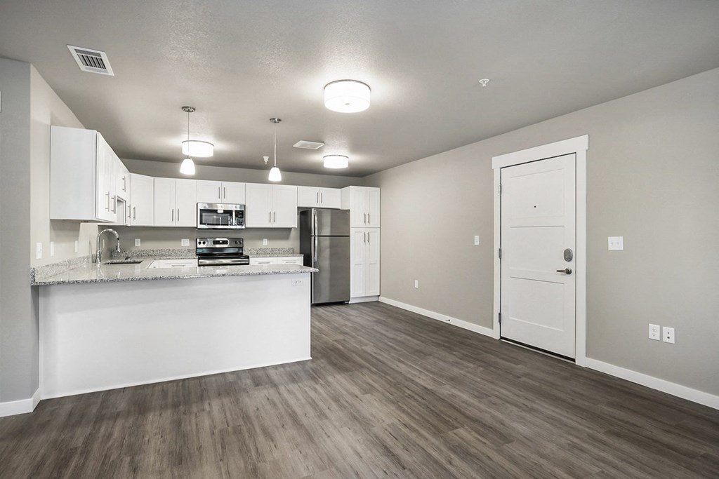 a kitchen and living room in an apartment