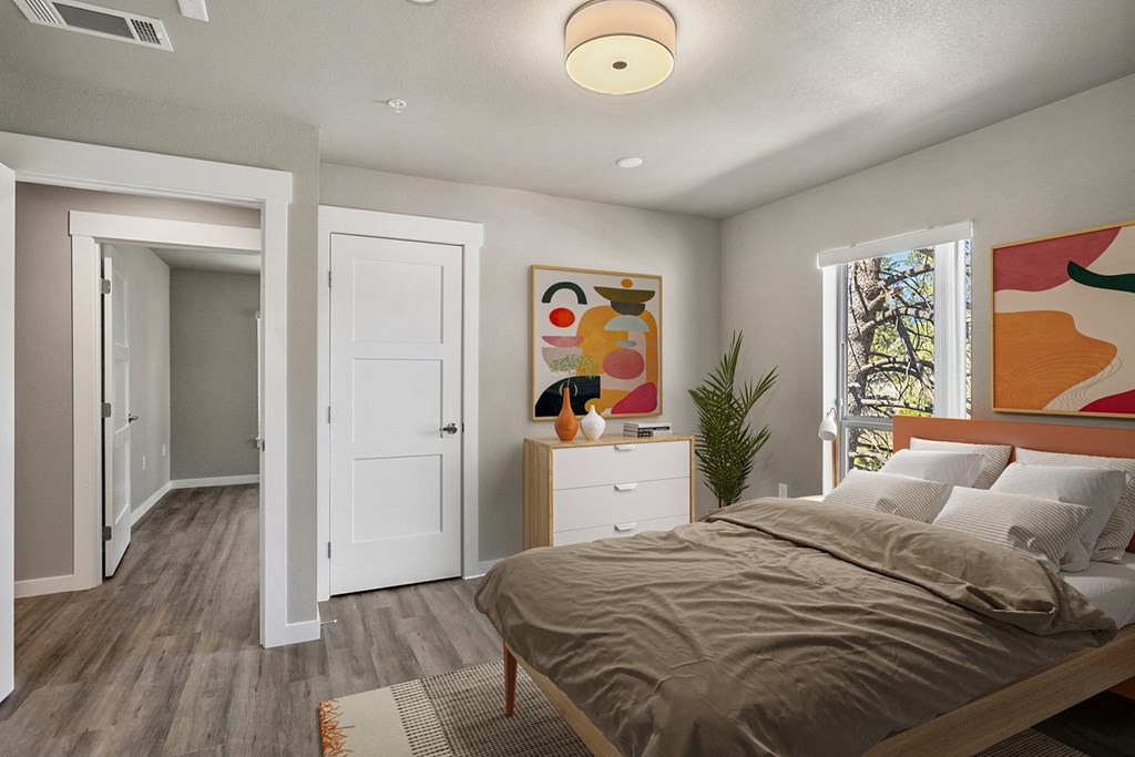 a bedroom with a bed and a closet