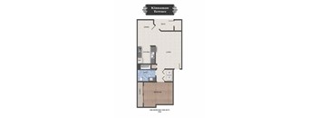 A floor plan of a one bedroom apartment with a bathroom and a kitchen.