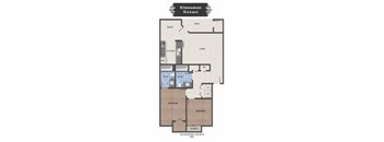 A floor plan of a Kinnaman Terrace apartment showing two bedrooms, a living area, kitchen, bathrooms, and a deck.