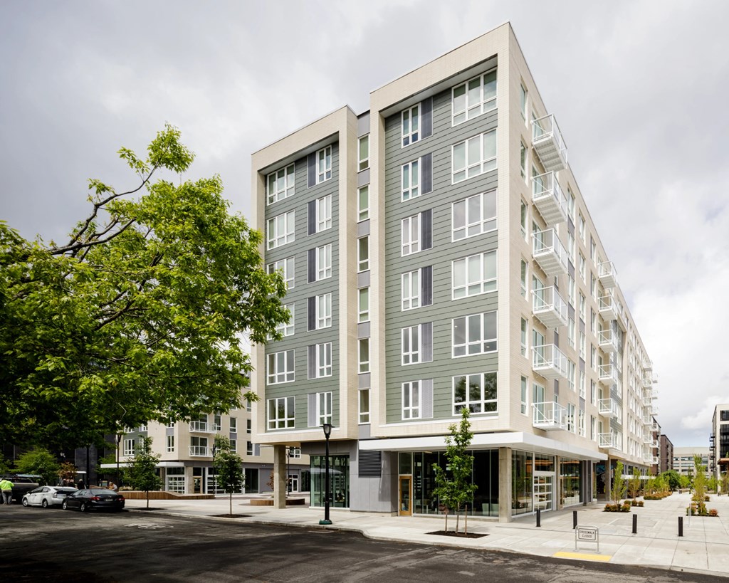 apartment building with pedestrian walkway