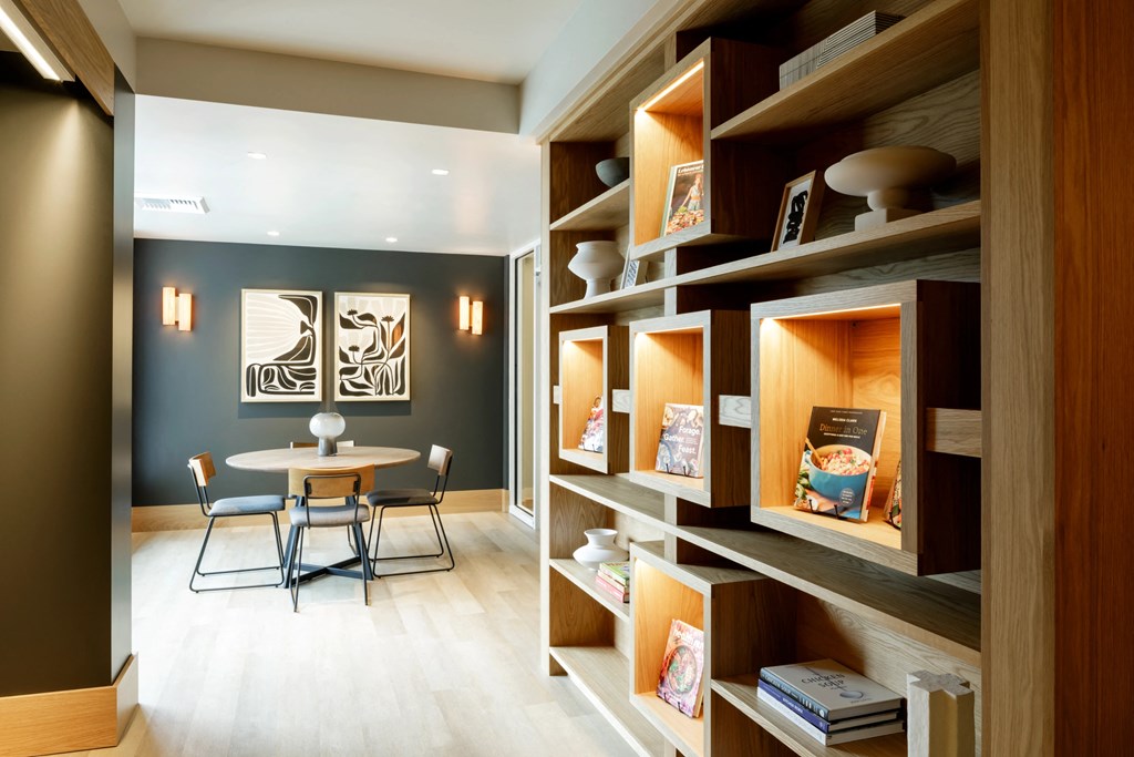 Library cubbies with books and decor highlighted