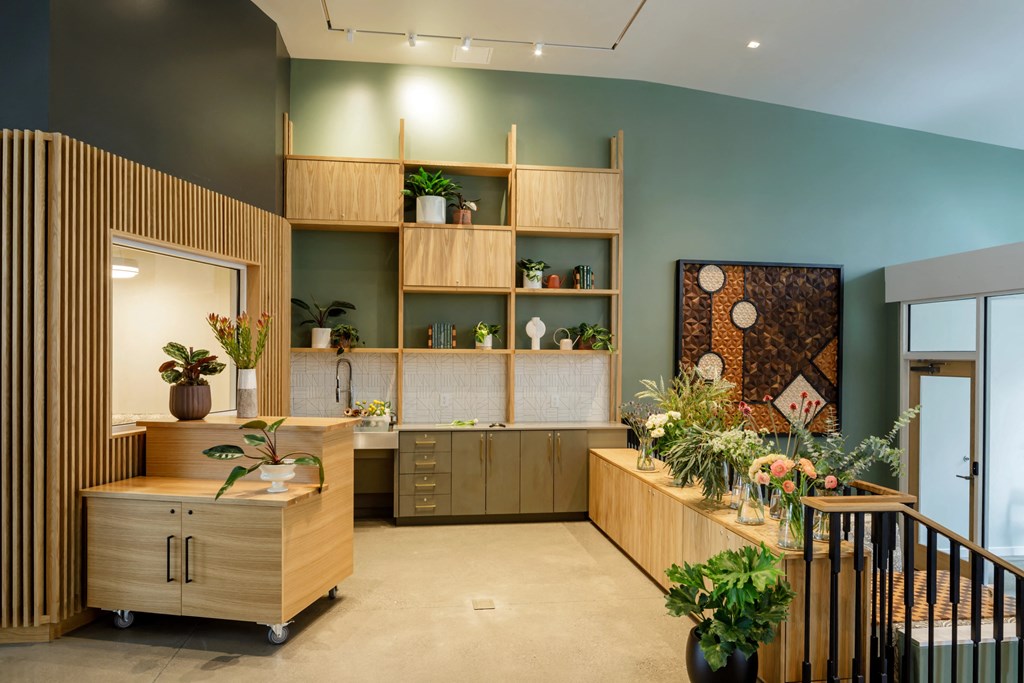 Retail space in lobby with flowers and home goods