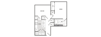 A floor plan of a small apartment with a living room, kitchen, bathroom, and bedroom.