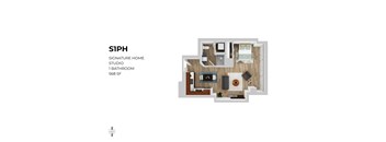 A floor plan of a one bedroom apartment with a studio space and a bathroom.