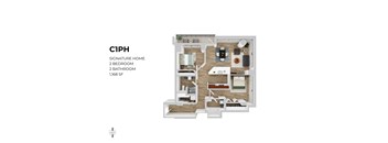 A floor plan of a 1,168 square foot home with two bedrooms and two bathrooms.