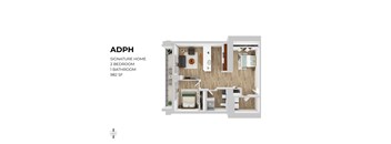 A floor plan of a 2 bedroom, 1 bathroom home.