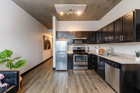 A modern kitchen with black cabinets and stainless steel appliances.