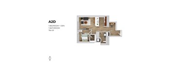 A 2D floor plan of a 1 bedroom and 1 bathroom apartment sized at 764 square feet.