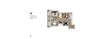 A 1 bedroom, 1 bathroom apartment with 718 square feet.