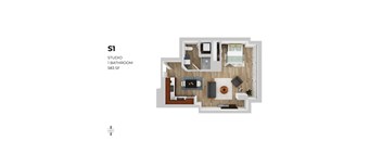 A floor plan of a studio apartment with a bathroom and a living room.