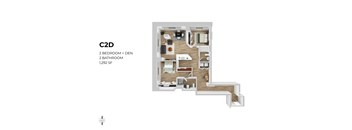 A floor plan of a C2D apartment with 2 bedrooms, a den, and 2 bathrooms.