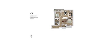 A floor plan of a C1 apartment with 2 bedrooms and 2 bathrooms.