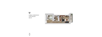 A floor plan of a one bedroom apartment with a bathroom.