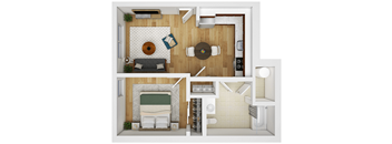 a 3d rendering of a bedroom with a living room