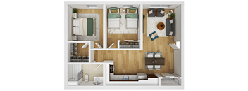 a 3d floor plan of a bedroom with a bathroom and a living room