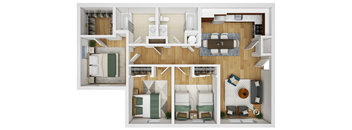 a 3d floor plan of a house with a bedroom and a living room