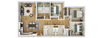a 3d floor plan of a house with bedrooms and a living room