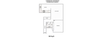 A floor plan of a one bedroom apartment is shown.
