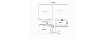 A floor plan of an apartment with a master bedroom and a living room.