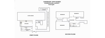A floor plan for a 3 bedroom townhouse with a living room, kitchen, laundry room, and two bedrooms.