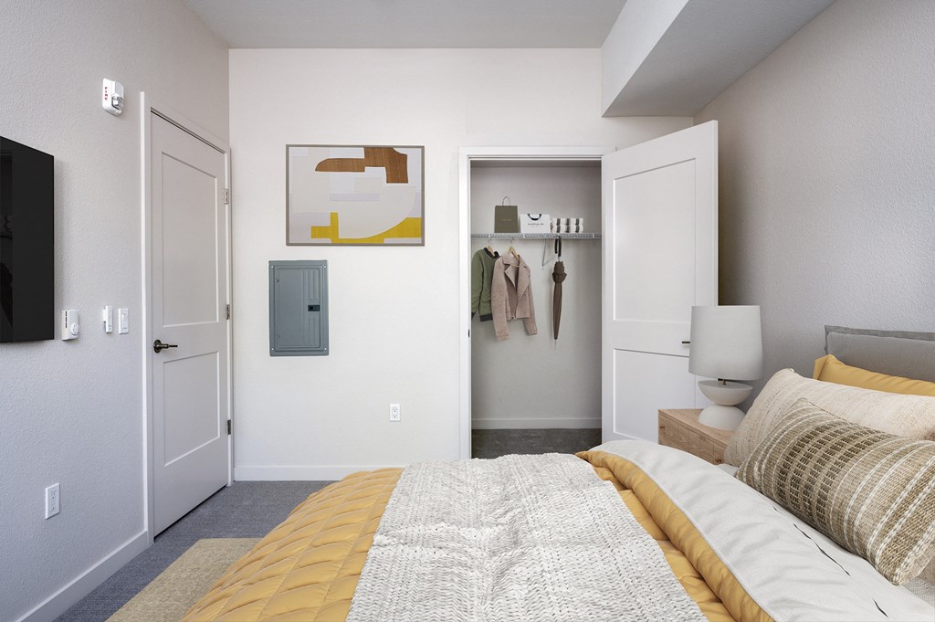 a bedroom with a bed and a closet with a closet door open