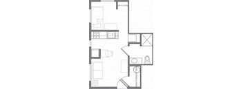 a floor plan of a small room with a bathroom and a kitchen