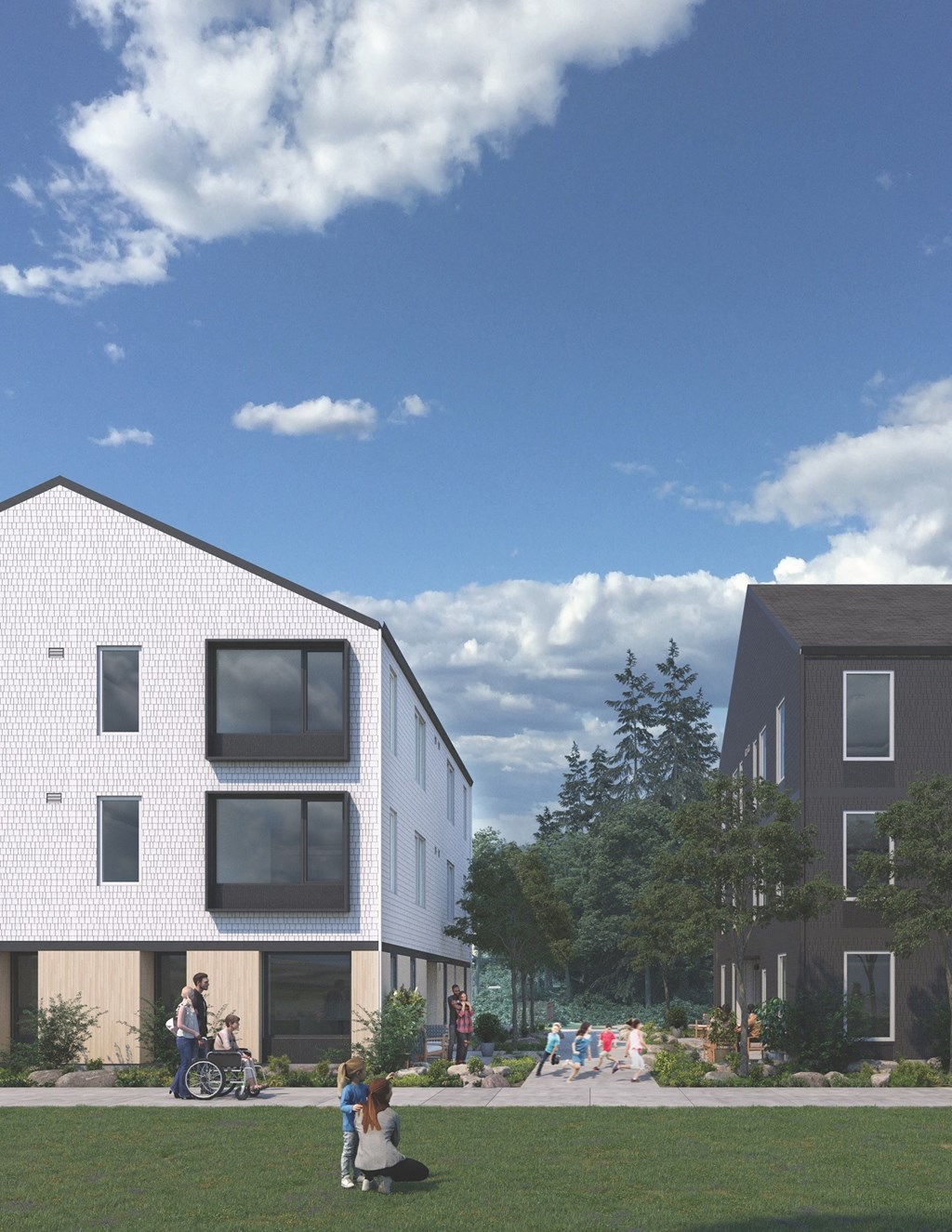 a rendering of a white house with a courtyard and people in front of it