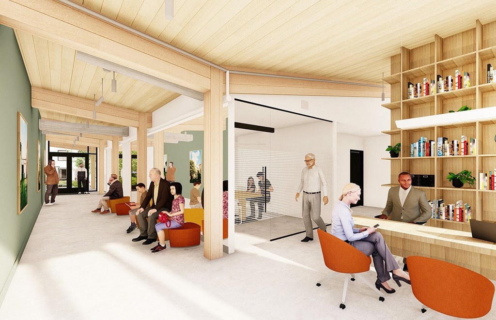 a rendering of a lobby with people sitting in chairs