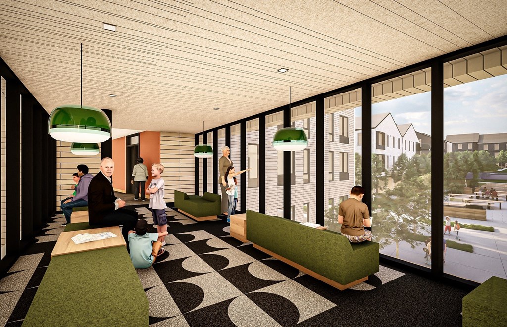 a rendering of a lobby with people and green furniture