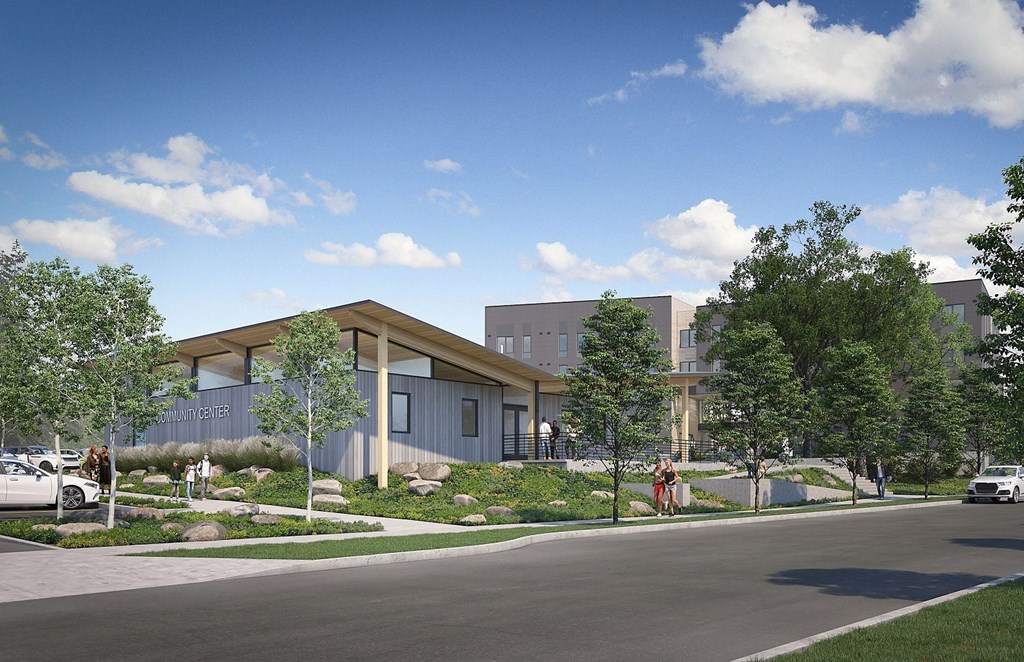 a rendering of a building with a street in front of it