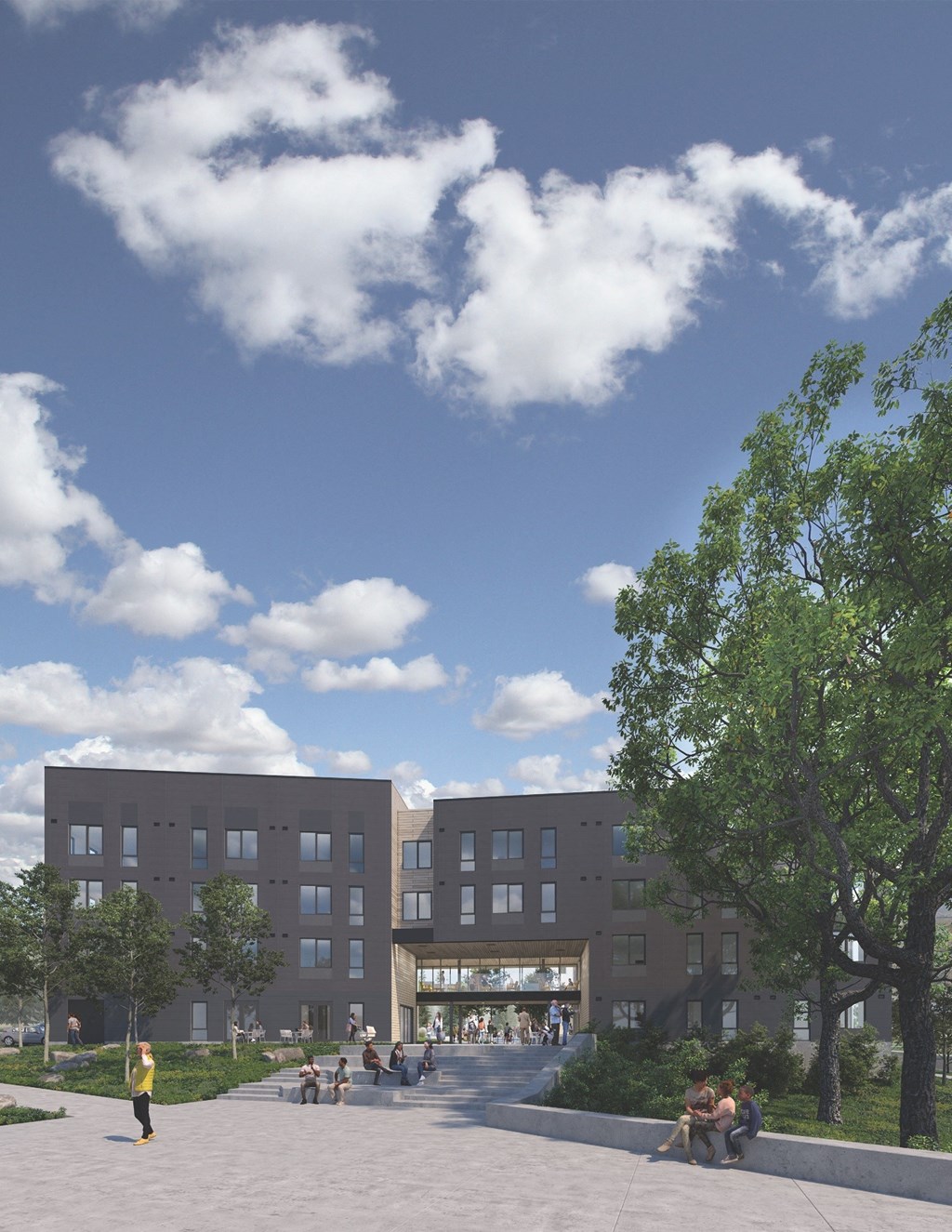 a rendering of a building with people in front of it