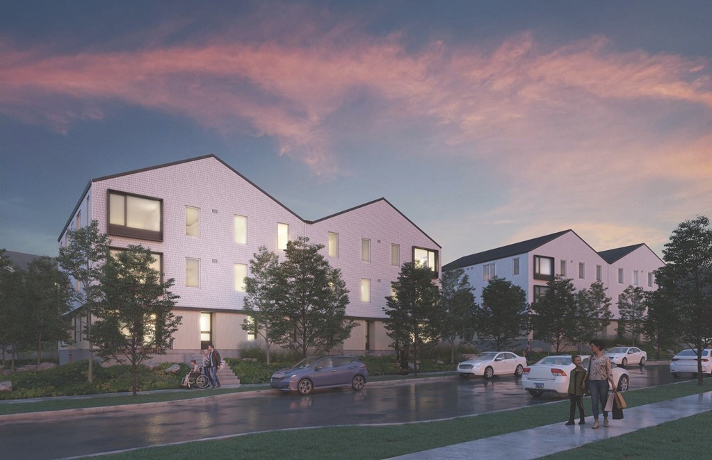 a rendering of a street with houses and cars