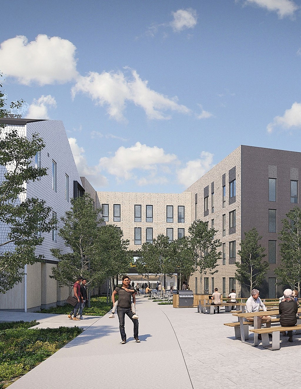 a photo of people walking through a fountain