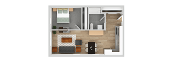 a floor plan of a studio apartment with a bedroom and a living room
