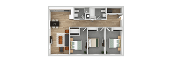 a 3d rendering of the 1 bedroom floor plan with roommates