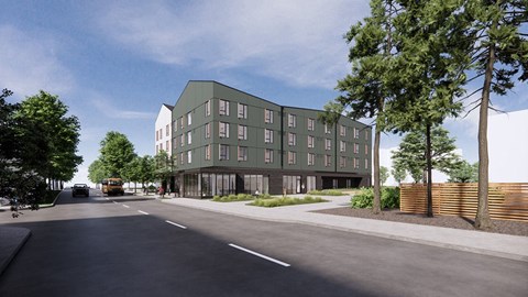 a rendering of an apartment building on a city street