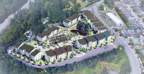 an aerial view of an apartment complex