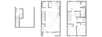 Three floor plans of a house with different layouts.