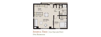 A floor plan of a one bedroom apartment named Joshua Tree that is 650 square feet.