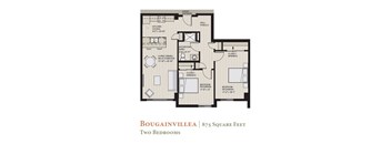 A floor plan of a two bedroom apartment at Bougainvillea, which is 875 square feet.