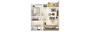 A top-down view of a small apartment with a kitchen, living room, and bedroom.