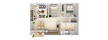A top-down view of a small, neatly organized apartment with a kitchen, living room, and bedroom.