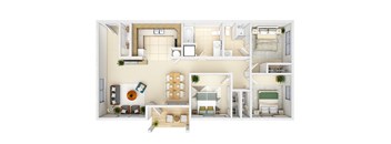 A top-down view of a small apartment layout with a kitchen, living room, dining area, and bedrooms.